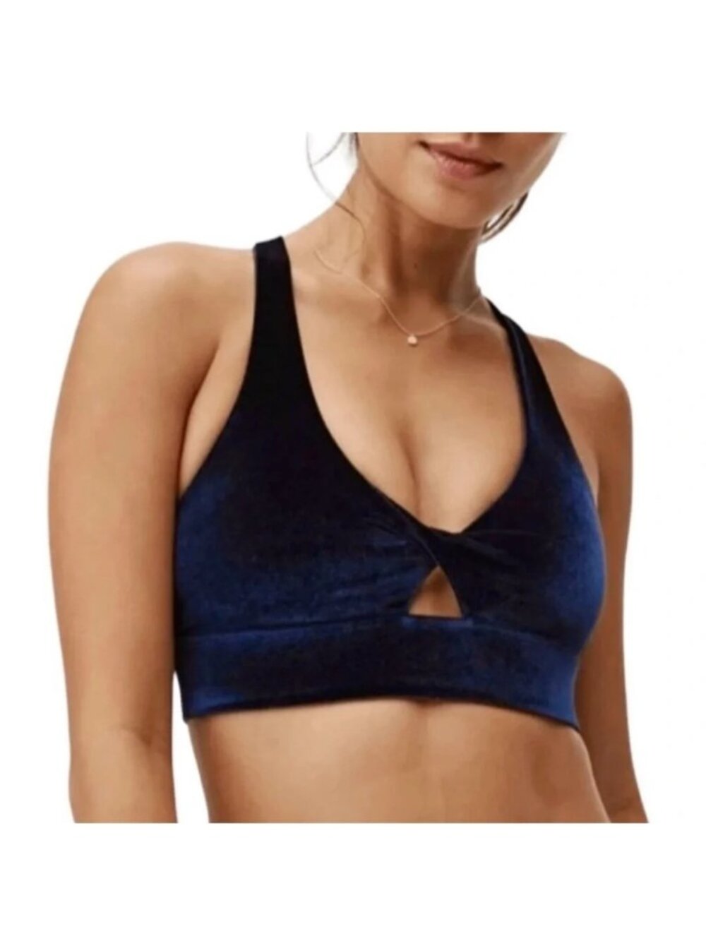 Fabletics Oasis Twist Front Velour Navy Blue Velvet Cross Back Sports Bra 2X